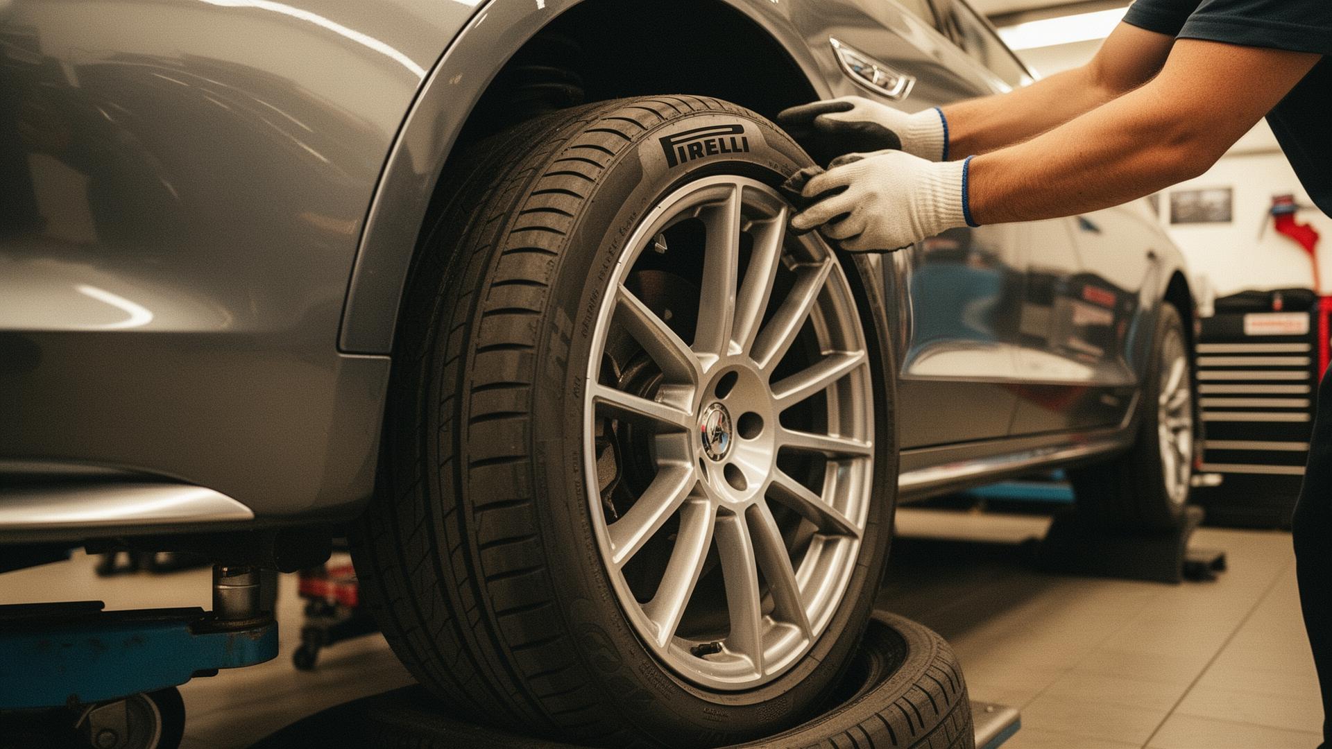 Técnico instalando pneu Pirelli em veículo na Via Rossa