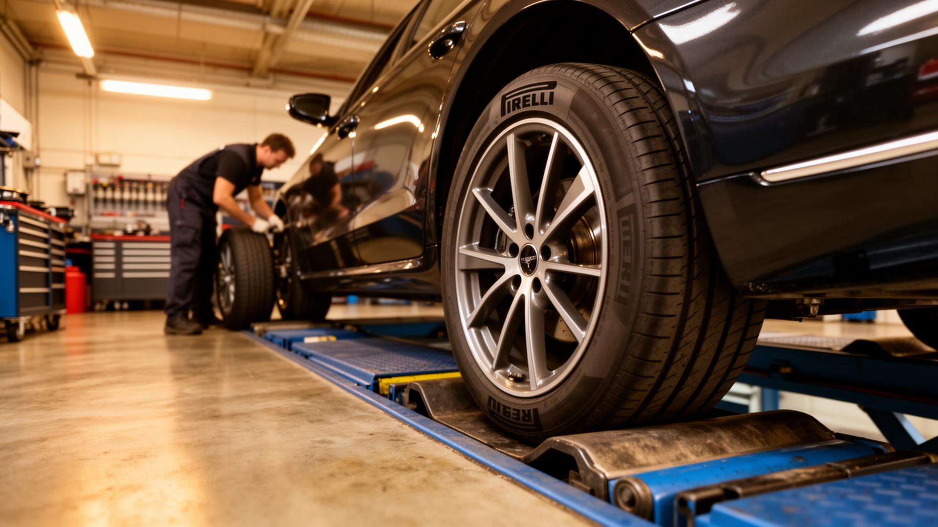 Veículo no rack de alinhamento com pneus Pirelli na Via Rossa